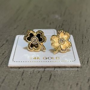 Solid Gold 14 Karat Yellow Clover Cz Diamond Cut Earring